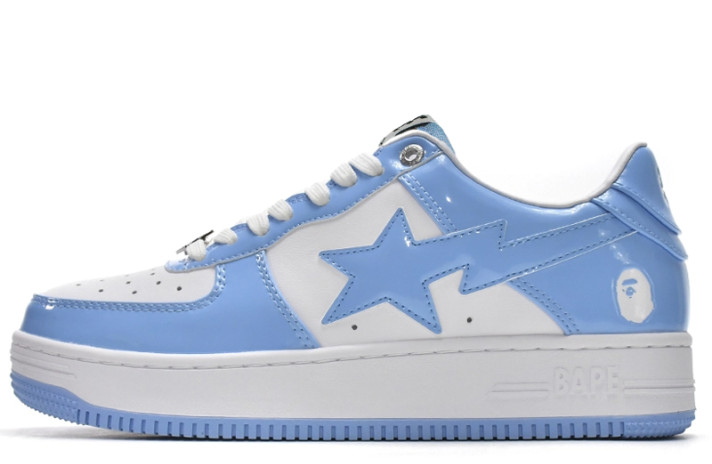 Кроссовки A Bathing Ape Bape Sta Patent Leather White Blue  белые, голубые